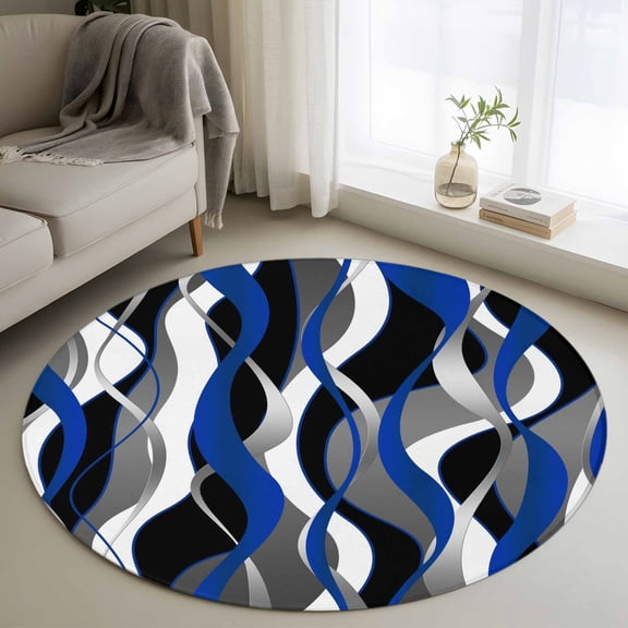 Round Area Rug 3 Ft, Blue Black Stripes Washable Non-Slip Circle Carpet for Living Room/Bedroom, Modern Abstract Ombre Grey White Lines Low-Profile Small Floor Mats Collection Rugs for Indoor