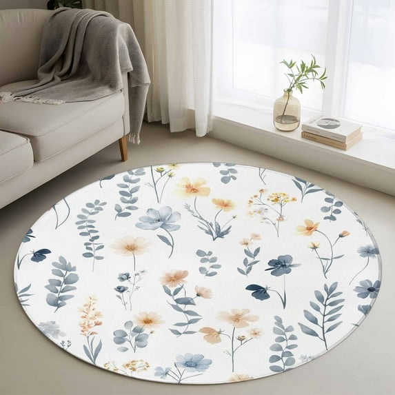 Round Area Rug 3 Ft, Blue Yellow Spring Floral Washable Non-Slip Circle Carpet for Living Room/Bedroom, Watercolor Botanical Flowers Low-Profile Small Floor Mats Collection Rugs for Indoor