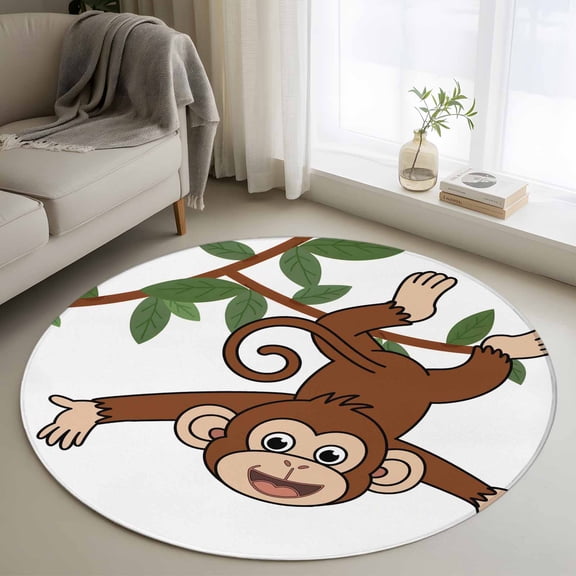 Round Area Rug 3 Ft, Brown Cute Monkey Washable Non-Slip Circle Carpet for Living Room/Bedroom, Playing Funny Animal on Branch Low-Profile Small Floor Mats Collection Rugs for Indoor