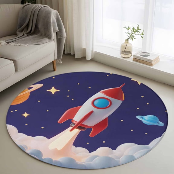 Round Area Rug 3 Ft, Cartoon Rocket Washable Non-Slip Circle Carpet for Living Room/Bedroom, Funny Space Planet Blue Starry Sky Cloudy Low-Profile Small Floor Mats Collection Rugs for Indoor