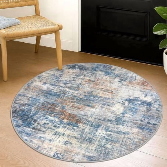 Round Area Rug 3 Ft Circle Entryway Rugs Round Washable Door Mat Indoor Entrance, Non Slip Circle Front Door Rug, Printed Abstract Faux Wool Floor Carpet for Foyer Porch Sink, Blue Rust