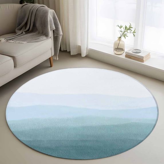 Round Area Rug 3 Ft, Coastal Wave Washable Non-Slip Circle Carpet for Living Room/Bedroom, Summer Ocean Nautical Beach Ombre Sky Blue Low-Profile Small Floor Mats Collection Rugs for Indoor
