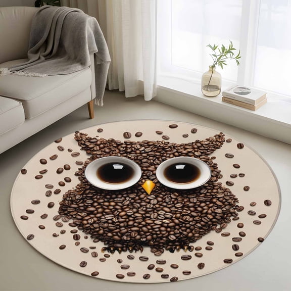 Round Area Rug 3 Ft, Coffee Owl Washable Non-Slip Circle Carpet for Living Room/Bedroom, Cute Bird Big Eyes Animals Brown Beans Low-Profile Small Floor Mats Collection Rugs for Indoor