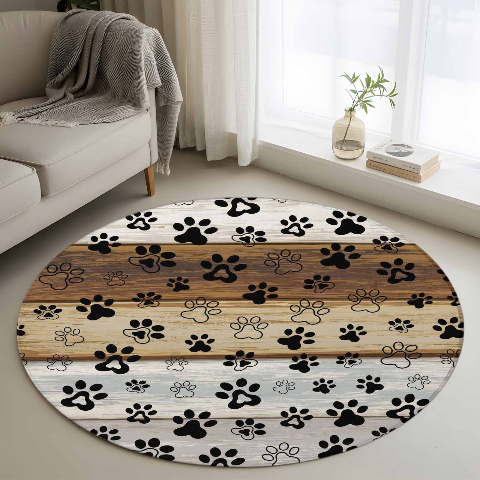 Round Area Rug 3 Ft, Cute Dog Claws Washable Non-Slip Circle Carpet for Living Room/Bedroom, Farmhouse Brown Grey Wooden Puppy Pawprints Low-Profile Small Floor Mats Collection Rugs for Indoor