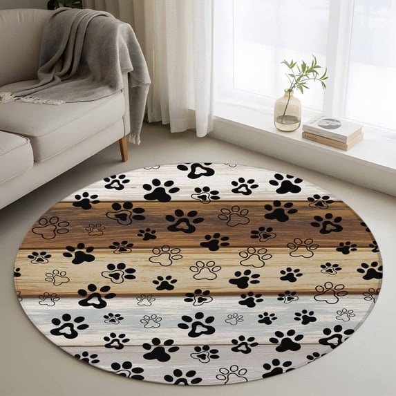Round Area Rug 3 Ft, Cute Dog Claws Washable Non-Slip Circle Carpet for Living Room/Bedroom, Farmhouse Brown Grey Wooden Puppy Pawprints Low-Profile Small Floor Mats Collection Rugs for Indoor