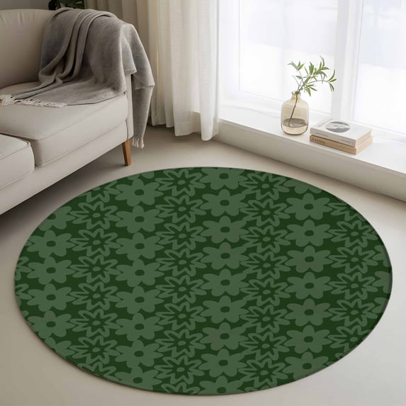 Round Area Rug 3 Ft, Dark Green Gold Floral Washable Non-Slip Circle Carpet for Living Room/Bedroom, Modern Abstract Art Spring Flowers Low-Profile Small Floor Mats Collection Rugs for Indoor