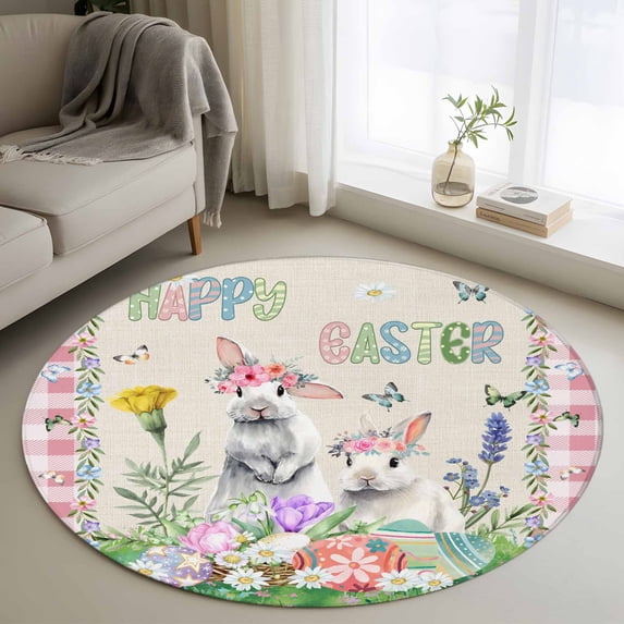 Round Area Rug 3 Ft, Easter Washable Non-Slip Circle Carpet for Living Room/Bedroom, Spring Bunny Botanical Flowers Herbs Eggs Plaid Low-Profile Small Floor Mats Collection Rugs for Indoor
