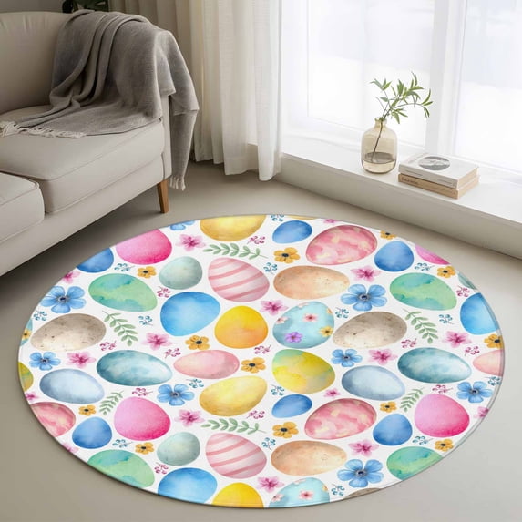 Round Area Rug 3 Ft, Easter Washable Non-Slip Circle Carpet for Living Room/Bedroom, Spring Country Colorful Eggs Flower Leaf Plant Low-Profile Small Floor Mats Collection Rugs for Indoor