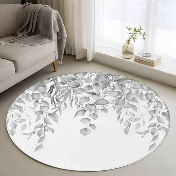 Round Area Rug 3 Ft, Eucalyptus Leaves Washable Non-Slip Circle Carpet for Living Room/Bedroom, Grey Summer Botanical Weeping Low-Profile Small Floor Mats Collection Rugs for Indoor