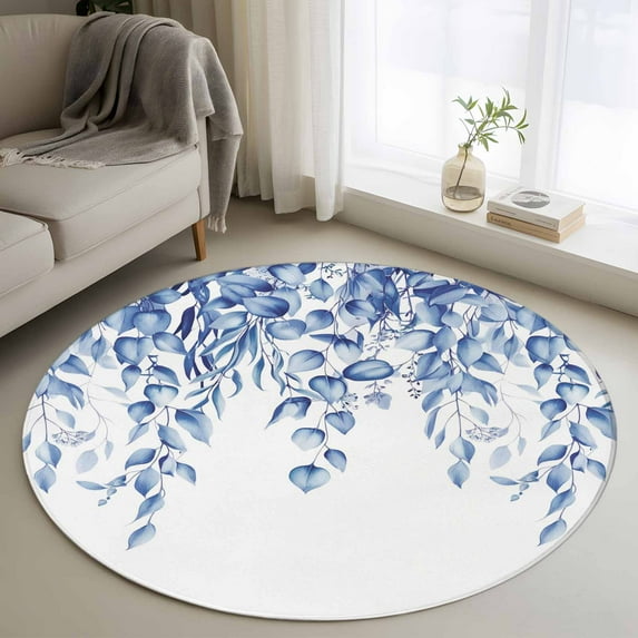 Round Area Rug 3 Ft, Eucalyptus Leaves Washable Non-Slip Circle Carpet for Living Room/Bedroom, Navy Blue Summer Botanical Weeping Low-Profile Small Floor Mats Collection Rugs for Indoor