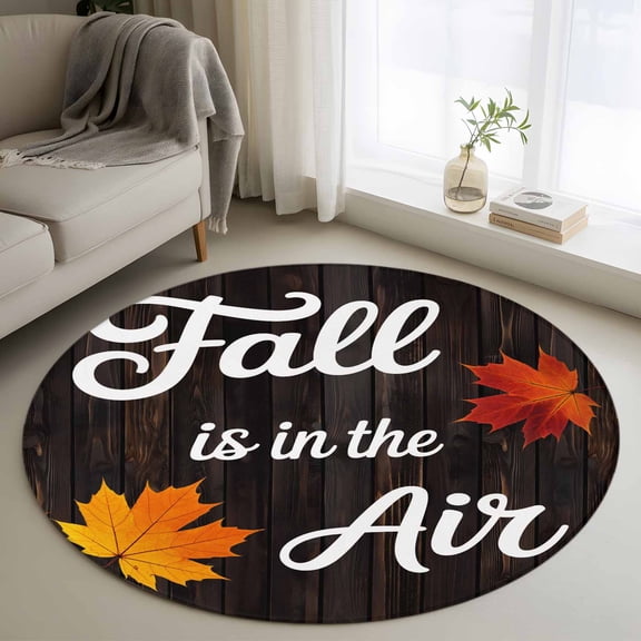 Round Area Rug 3 Ft, Fall Maple Washable Non-Slip Circle Carpet for Living Room/Bedroom, Thanksgiving Leaves Farmhouse Brown Wood Plank Low-Profile Small Floor Mats Collection Rugs for Indoor