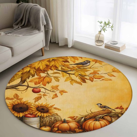 Round Area Rug 3 Ft, Fall Orange Pumpkin Washable Non-Slip Circle Carpet for Living Room/Bedroom, Thanksgiving Maple Leaf Sunflower Low-Profile Small Floor Mats Collection Rugs for Indoor