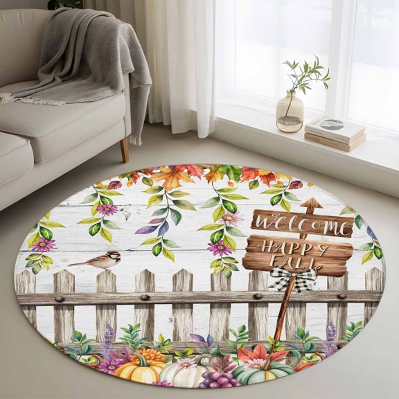 Round Area Rug 3 Ft, Fall Pumpkins Leaves Washable Non-Slip Circle Carpet for Living Room/Bedroom, Thanksgiving Wildflowers Country Fence Low-Profile Small Floor Mats Collection Rugs for Indoor