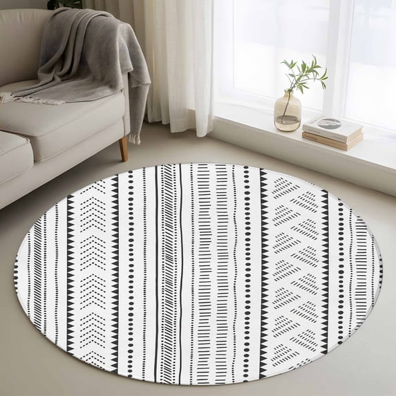 Round Area Rug 3 Ft, Farmhouse Boho Washable Non-Slip Circle Carpet for Living Room/Bedroom, Vintage Abstract Geometric Striped Low-Profile Small Floor Mats Collection Rugs for Indoor