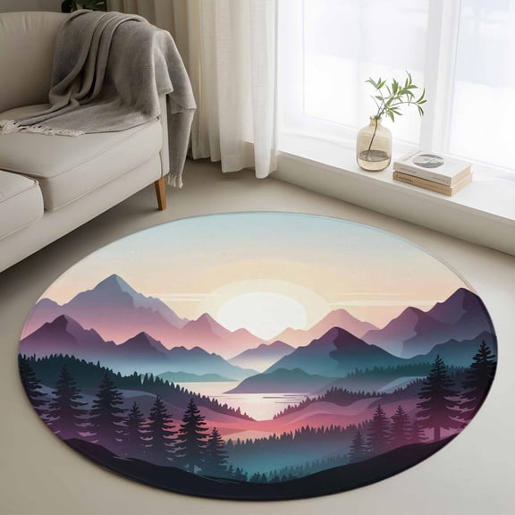 Round Area Rug 3 Ft, Farmhouse Mountain Washable Non-Slip Circle Carpet for Living Room/Bedroom, Country Cabin Nature Sunrise Forest Low-Profile Small Floor Mats Collection Rugs for Indoor