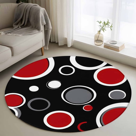 Round Area Rug 3 Ft, Geometric Red Washable Non-Slip Circle Carpet for Living Room/Bedroom, Modern Black Grey White Abstract Circle Low-Profile Small Floor Mats Collection Rugs for Indoor