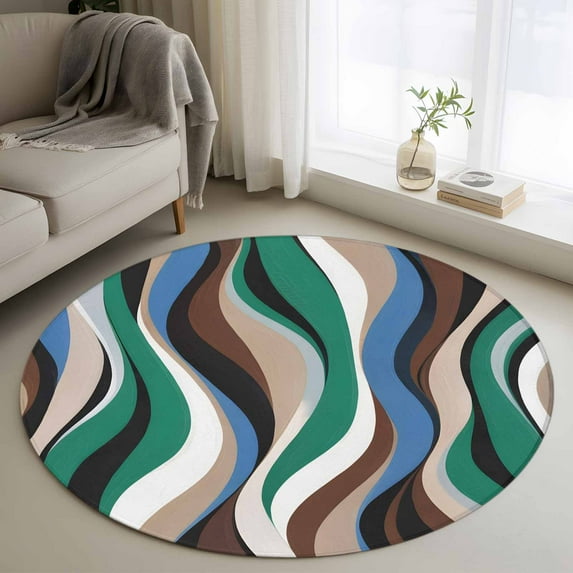 Round Area Rug 3 Ft, Green Blue Brown Moire Washable Non-Slip Circle Carpet for Living Room/Bedroom, Modern Abstract Art Low-Profile Small Floor Mats Collection Rugs for Indoor
