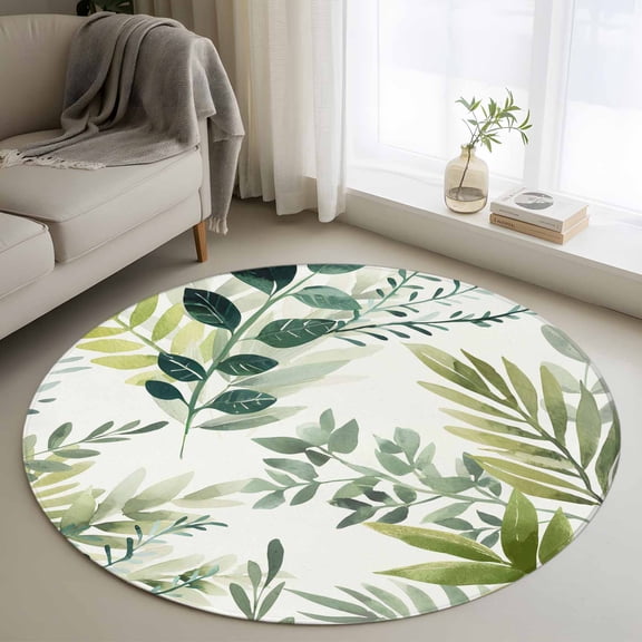 Round Area Rug 3 Ft, Green Leaves Washable Non-Slip Circle Carpet for Living Room/Bedroom, Summer Botanical Farmhouse Watercolor Leaf Low-Profile Small Floor Mats Collection Rugs for Indoor