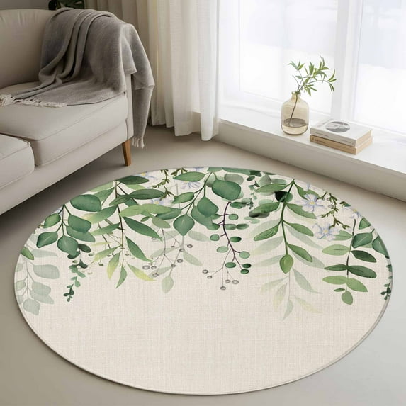Round Area Rug 3 Ft, Green Leaves Washable Non-Slip Circle Carpet for Living Room/Bedroom, Summer Botanical Low-Profile Small Floor Mats Collection Rugs for Indoor