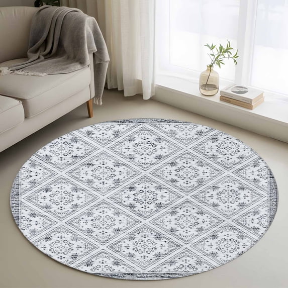 Round Area Rug 3 Ft, Grey Flowers Washable Non-Slip Circle Carpet for Living Room/Bedroom, Spring Floral Farmhouse Retro Art Low-Profile Small Floor Mats Collection Rugs for Indoor