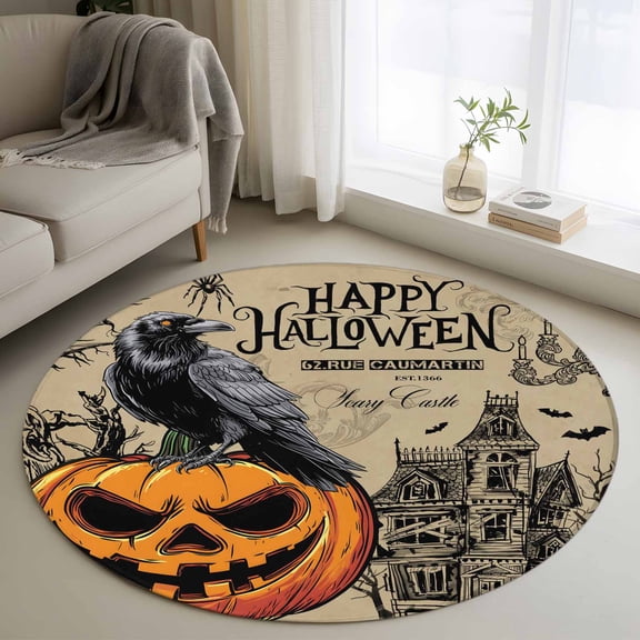 Round Area Rug 3 Ft, Halloween Evil Pumpkin Washable Non-Slip Circle Carpet for Living Room/Bedroom, Horror Black Crow Haunted House Low-Profile Small Floor Mats Collection Rugs for Indoor