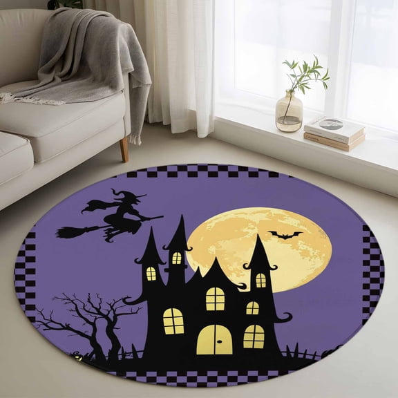 Round Area Rug 3 Ft, Halloween Night Washable Non-Slip Circle Carpet for Living Room/Bedroom, Horror Castle Witch Evil Pumpkin Purple Plaid Low-Profile Small Floor Mats Collection Rugs for Indoor