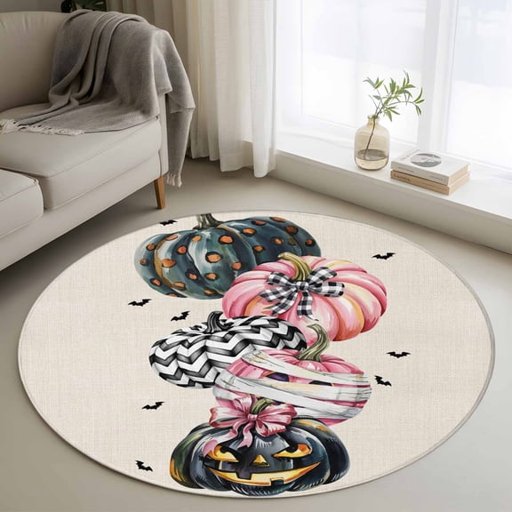 Round Area Rug 3 Ft, Halloween Pink Pumpkins Washable Non-Slip Circle Carpet for Living Room/Bedroom, Fall Evil Bat Vintage Low-Profile Small Floor Mats Collection Rugs for Indoor