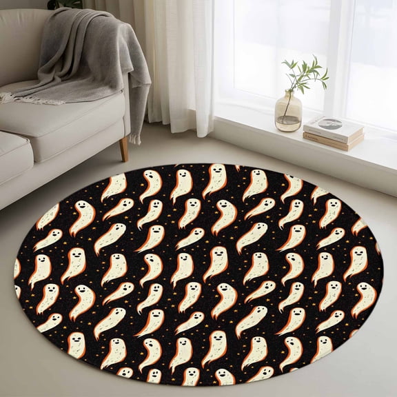 Round Area Rug 3 Ft, Halloween Washable Non-Slip Circle Carpet for Living Room/Bedroom, Fall Cute Ghost Elf Black Background Low-Profile Small Floor Mats Collection Rugs for Indoor