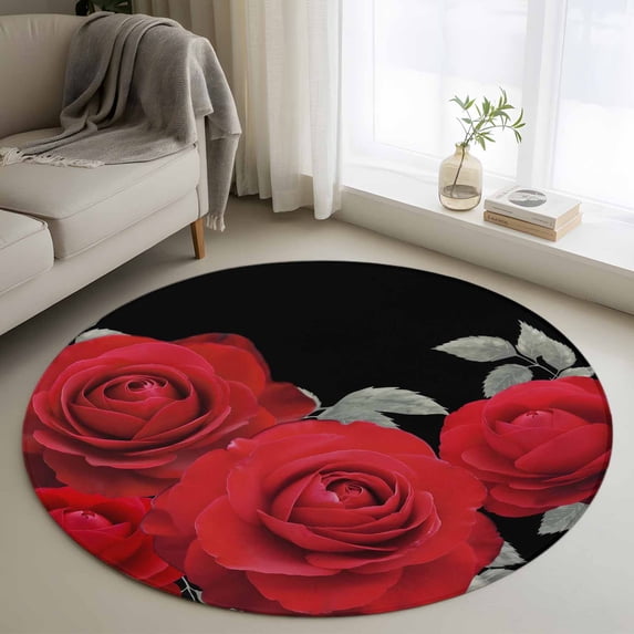 Round Area Rug 3 Ft, Happy Valentine's Day Washable Non-Slip Circle Carpet for Living Room/Bedroom, Romantic Red Roses Black Low-Profile Small Floor Mats Collection Rugs for Indoor