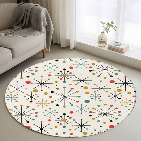 Round Area Rug 3 Ft, Middle Century Washable Non-Slip Circle Carpet for Living Room/Bedroom, Geometric Modern Abstract Vintage Low-Profile Small Floor Mats Collection Rugs for Indoor