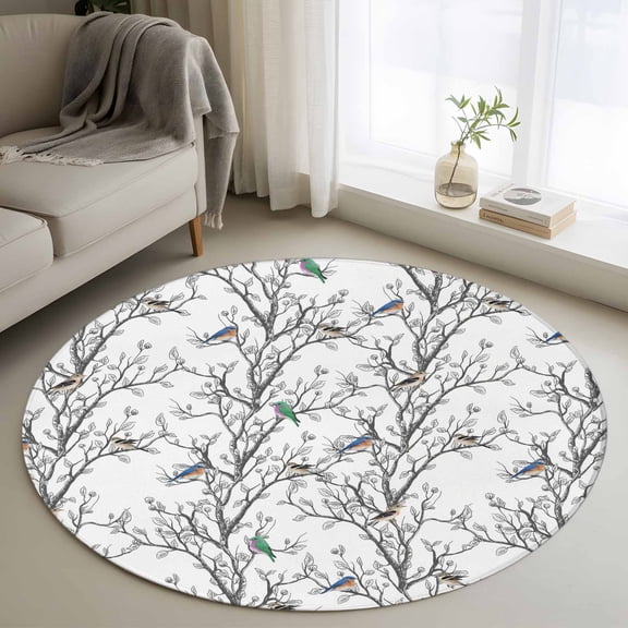 Round Area Rug 3 Ft, Natural Trees Branches Washable Non-Slip Circle Carpet for Living Room/Bedroom, Colored Birds Vintage Rustic Low-Profile Small Floor Mats Collection Rugs for Indoor