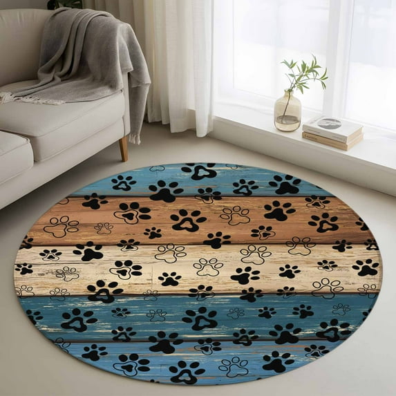 Round Area Rug 3 Ft, Navy Blue Brown Washable Non-Slip Circle Carpet for Living Room/Bedroom, Rustic Farmhouse Dog Paw Vintage Low-Profile Small Floor Mats Collection Rugs for Indoor