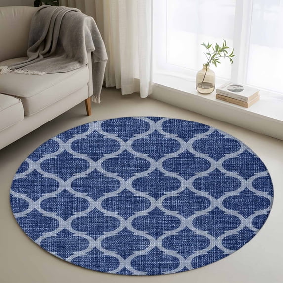 Round Area Rug 3 Ft, Navy Blue Moroccan Washable Non-Slip Circle Carpet for Living Room/Bedroom, Morocco Geometric Quatrefoil Plaid Low-Profile Small Floor Mats Collection Rugs for Indoor