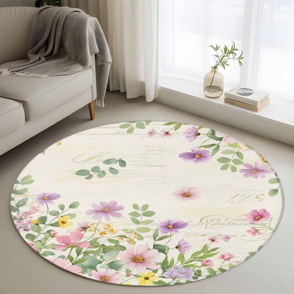 Round Area Rug 3 Ft, Pink Purple Flower Washable Non-Slip Circle Carpet for Living Room/Bedroom, Spring Vintage Country Floral Leaf Plant Low-Profile Small Floor Mats Collection Rugs for Indoor