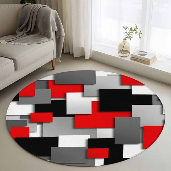 Round Area Rug 3 Ft, Red Black Geometric Washable Non-Slip Circle Carpet for Living Room/Bedroom, Modern Abstract Art Block Low-Profile Small Floor Mats Collection Rugs for Indoor