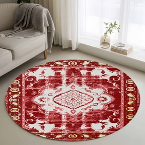 Round Area Rug 3 Ft, Red Boho Washable Non-Slip Circle Carpet for Living Room/Bedroom, Multicolored Colorful Tainted Pattern Tribal Low-Profile Small Floor Mats Collection Rugs for Indoor