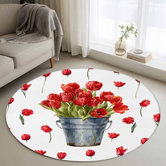 Round Area Rug 3 Ft, Red Tulip Flowers Washable Non-Slip Circle Carpet for Living Room/Bedroom, Spring Floral Vintage Drum Rustic Low-Profile Small Floor Mats Collection Rugs for Indoor