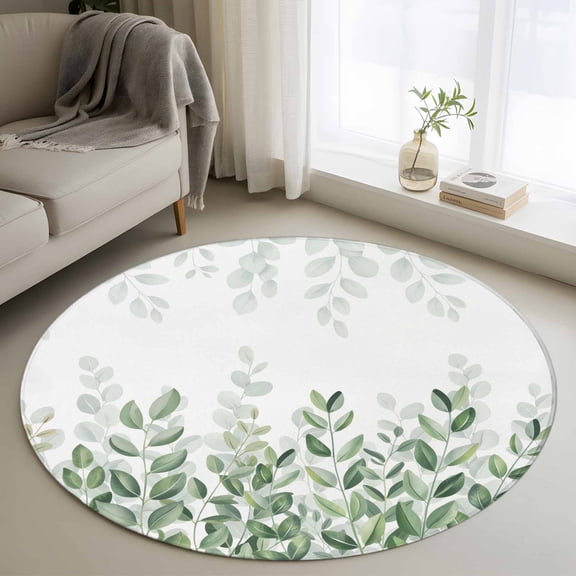 Round Area Rug 3 Ft, Spring Emerald Green Eucalyptus Washable Non-Slip Circle Carpet for Living Room/Bedroom, Botanical Leaf Country Low-Profile Small Floor Mats Collection Rugs for Indoor
