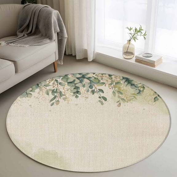 Round Area Rug 3 Ft, Spring Eucalyptus Washable Non-Slip Circle Carpet for Living Room/Bedroom, Summer Botanical Leaves Beige Watercolor Low-Profile Small Floor Mats Collection Rugs for Indoor