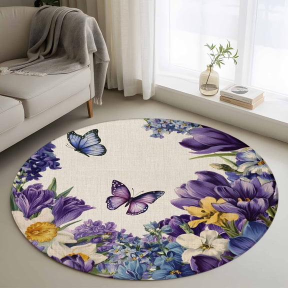 Round Area Rug 3 Ft, Spring Floral Washable Non-Slip Circle Carpet for Living Room/Bedroom, Purple Tulips Hydrangeas Butterflies Beige Low-Profile Small Floor Mats Collection Rugs for Indoor