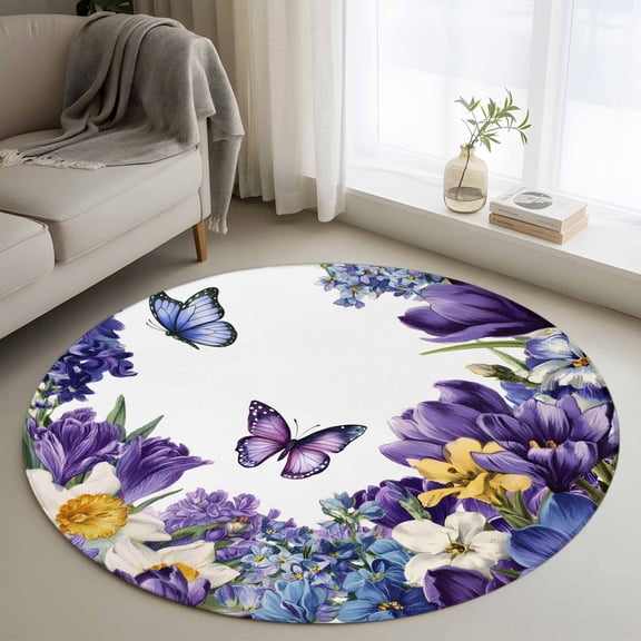Round Area Rug 3 Ft, Spring Floral Washable Non-Slip Circle Carpet for Living Room/Bedroom, Purple Tulips Hydrangeas Butterflies Flowers Low-Profile Small Floor Mats Collection Rugs for Indoor