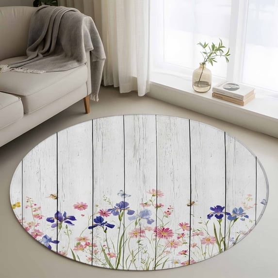 Round Area Rug 3 Ft, Spring Floral Washable Non-Slip Circle Carpet for Living Room/Bedroom, Summer Botanical Flowers Vintage Low-Profile Small Floor Mats Collection Rugs for Indoor