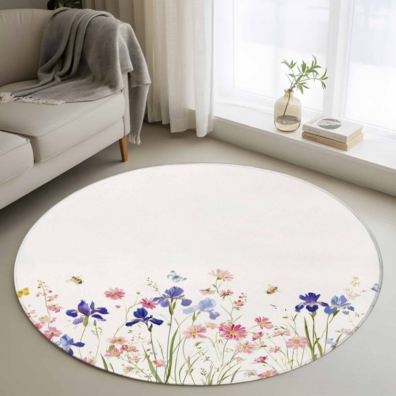 Round Area Rug 3 Ft, Spring Floral Washable Non-Slip Circle Carpet for Living Room/Bedroom, Watercolor Summer Botanical Flowers Low-Profile Small Floor Mats Collection Rugs for Indoor