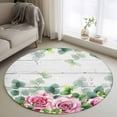 thumbnail image 1 of Round Area Rug 3 Ft, Spring Pink Roses Washable Non-Slip Circle Carpet for Living Room/Bedroom, Pastoral Eucalyptus Leaves Gray Wooden Low-Profile Small Floor Mats Collection Rugs for Indoor, 1 of 8