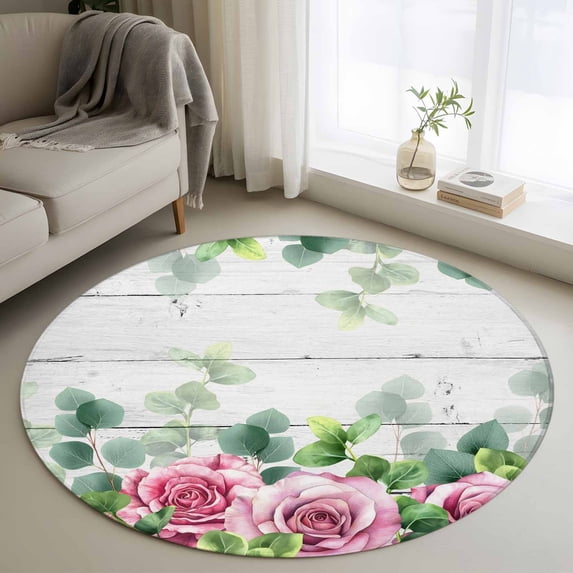 Round Area Rug 3 Ft, Spring Pink Roses Washable Non-Slip Circle Carpet for Living Room/Bedroom, Pastoral Eucalyptus Leaves Gray Wooden Low-Profile Small Floor Mats Collection Rugs for Indoor