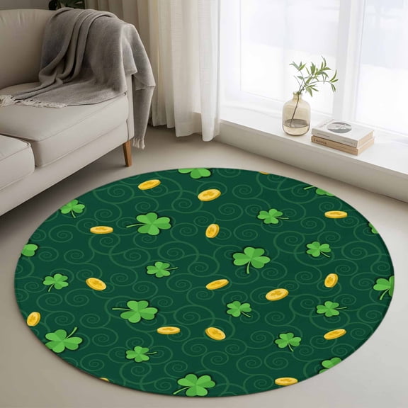Round Area Rug 3 Ft, St. Patrick's Day Washable Non-Slip Circle Carpet for Living Room/Bedroom, Lucky Shamrock Gold Coin Minimalist Green Low-Profile Small Floor Mats Collection Rugs for Indoor