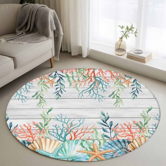 Round Area Rug 3 Ft, Summer Coastal Washable Non-Slip Circle Carpet for Living Room/Bedroom, Nautical Sea Coral Shell Starfish Wood Gray Low-Profile Small Floor Mats Collection Rugs for Indoor