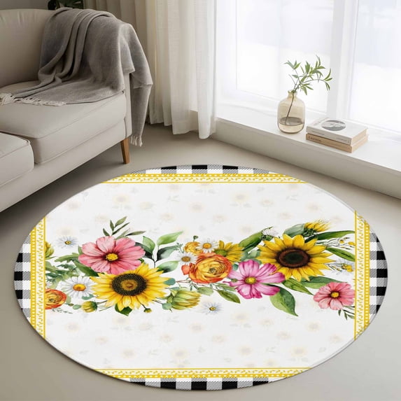 Round Area Rug 3 Ft, Sunflower Washable Non-Slip Circle Carpet for Living Room/Bedroom, Pink Yellow Floral Elegant Pastoral Botanical Low-Profile Small Floor Mats Collection Rugs for Indoor