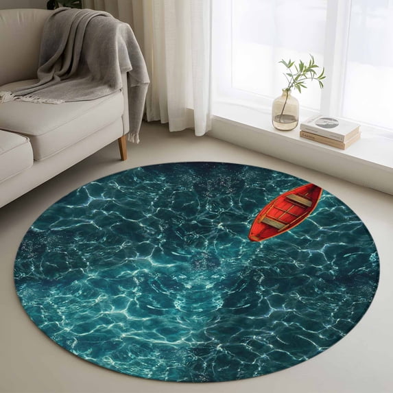 Round Area Rug 3 Ft, Teal Green Ocean Waves Washable Non-Slip Circle Carpet for Living Room/Bedroom, Red Boat Coastal Low-Profile Small Floor Mats Collection Rugs for Indoor