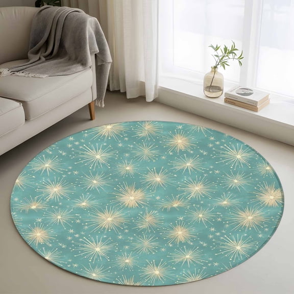 Round Area Rug 3 Ft, Turquoise Beige Dandelion Washable Non-Slip Circle Carpet for Living Room/Bedroom, Farmhouse Botanical Blossom Low-Profile Small Floor Mats Collection Rugs for Indoor